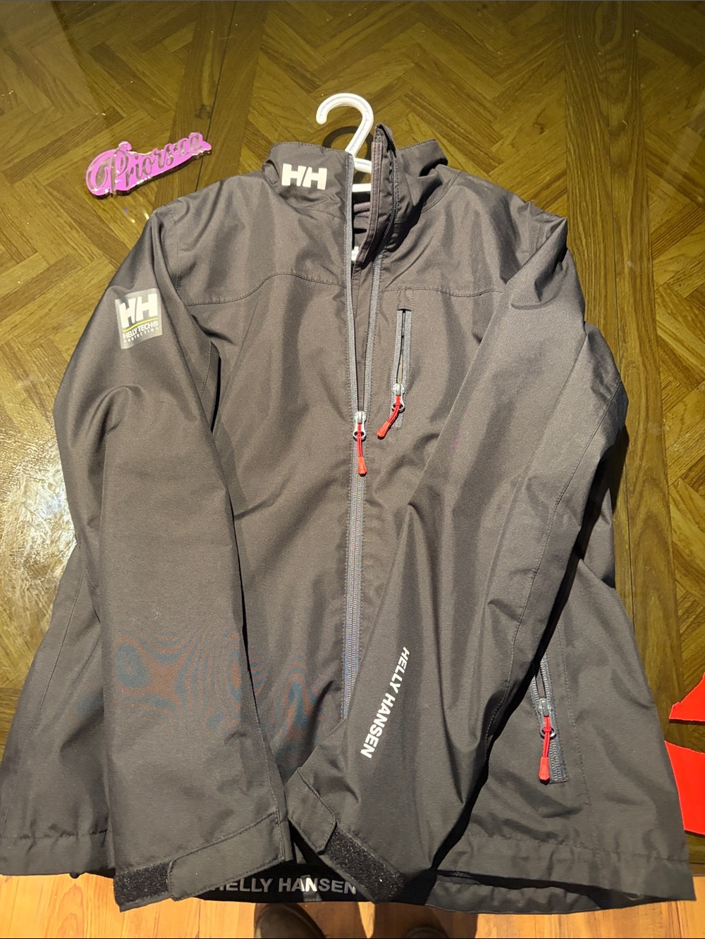 Helly Hansen Men's Dark Gray Rain Jacket with Red Accents